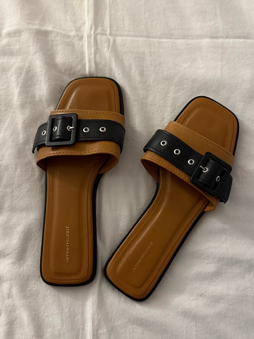 Anthropologie Brown & Black Buckle Slide Sandals Women's Size 38/US7.5